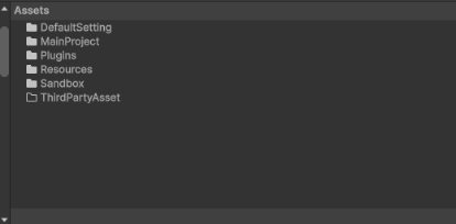 Assets root folders including MainProject, Resources, Sandbox and ThirdPartyAsset