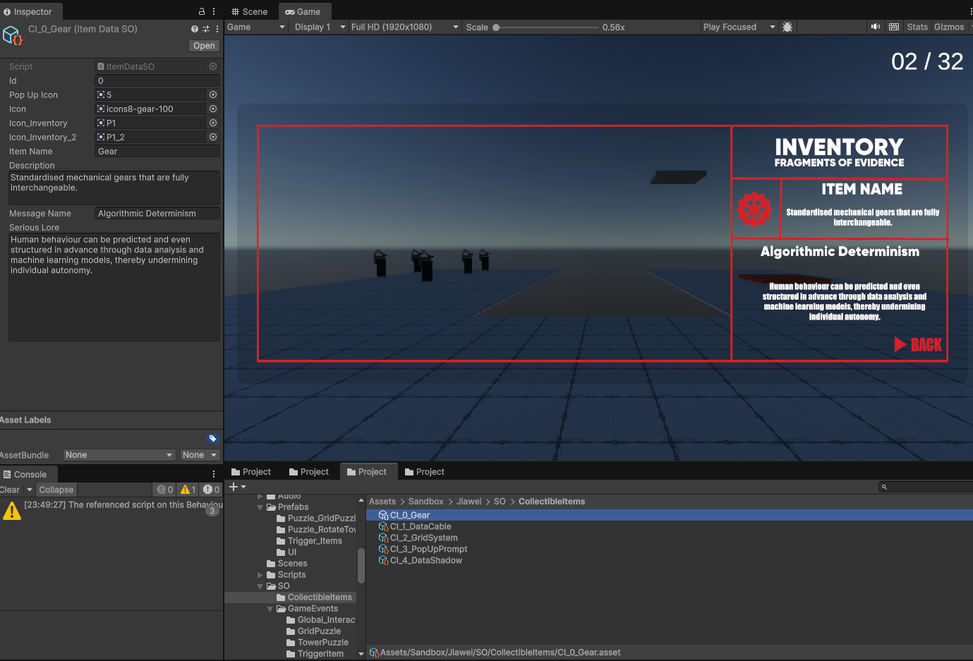 Collectible Item Data SO inspector next to the resulting in-game popup