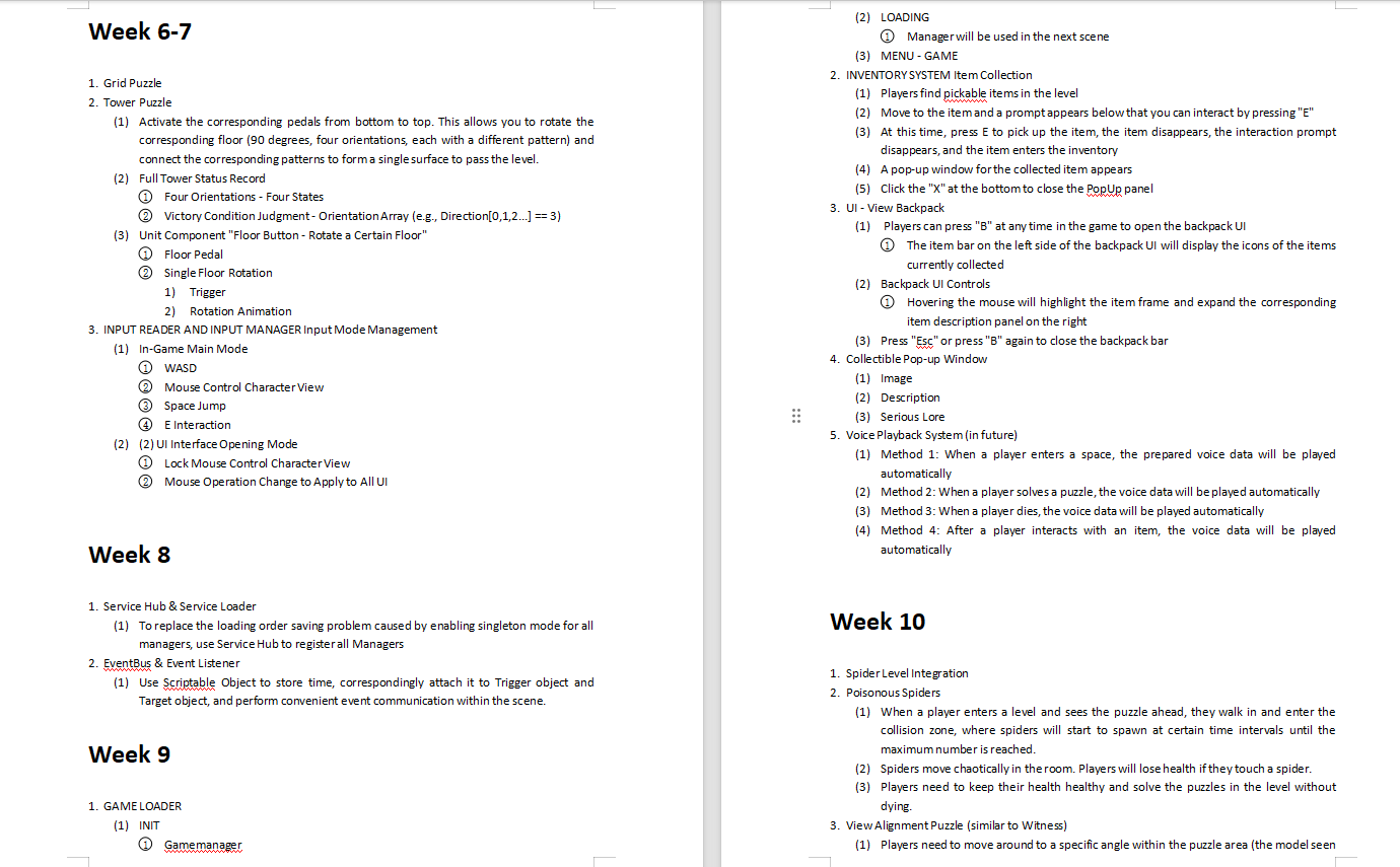 Weekly development log covering weeks 6 to 10