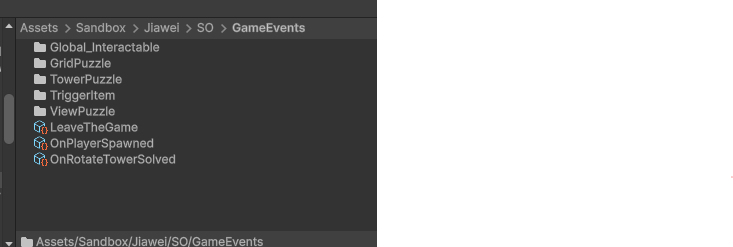 GameEvents ScriptableObject assets organised per puzzle type