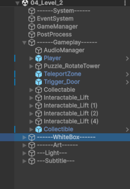 Scene hierarchy grouped into System, Gameplay, WhiteBox, Art, Light and Subtitle sections
