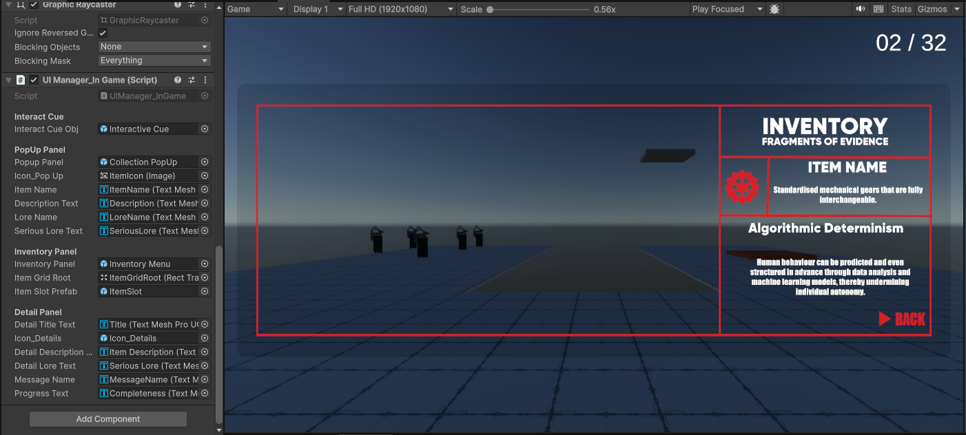 UI Manager inspector alongside the in-game inventory panel