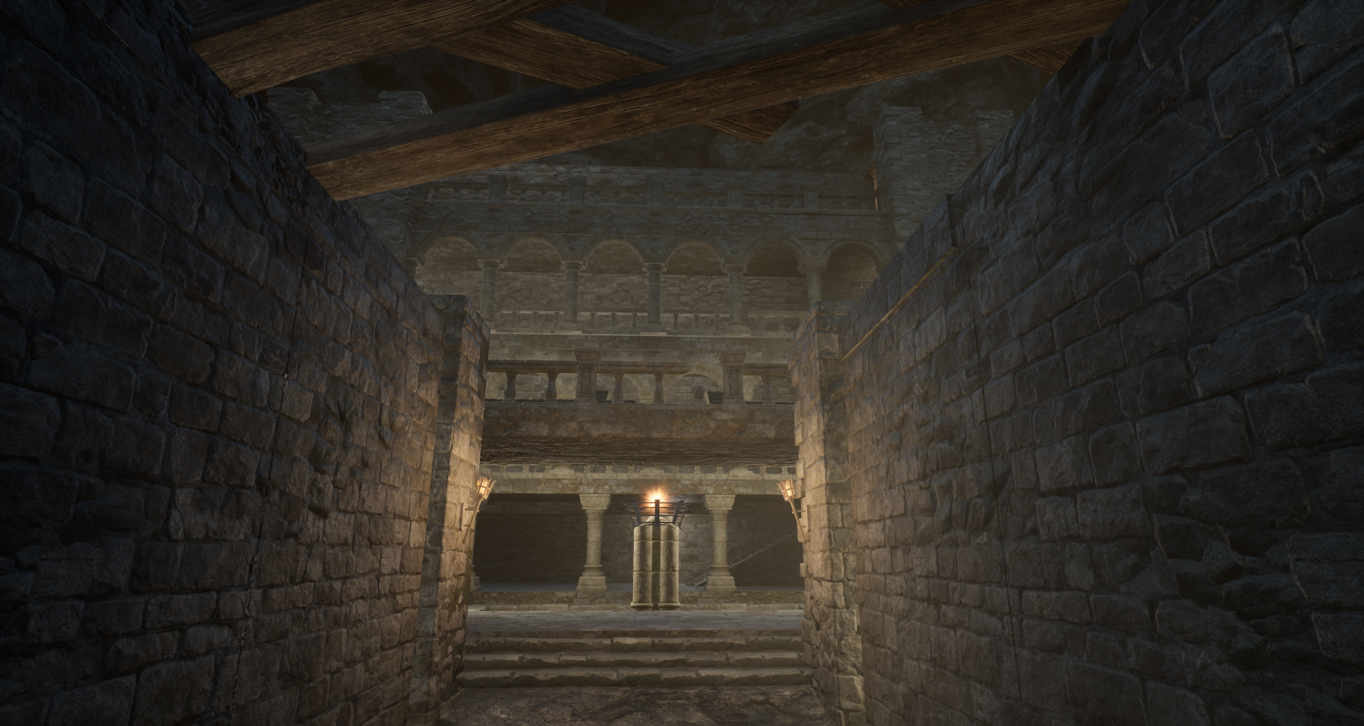 Jail interior with central campfire
