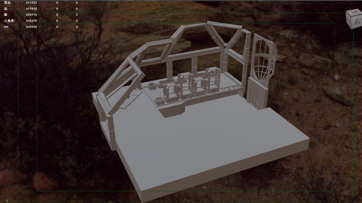 Untextured lunar base model in the Maya viewport with vertex, face and triangle counters