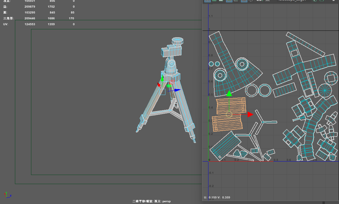 Telescope wireframe in Maya beside its unwrapped UV layout in the UV editor