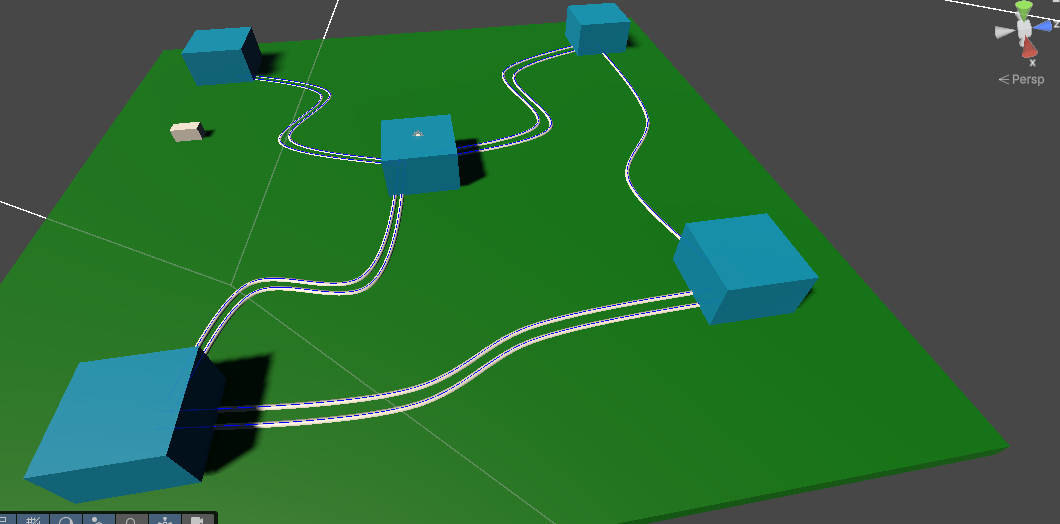 Greybox scene with spline railways connecting station blocks