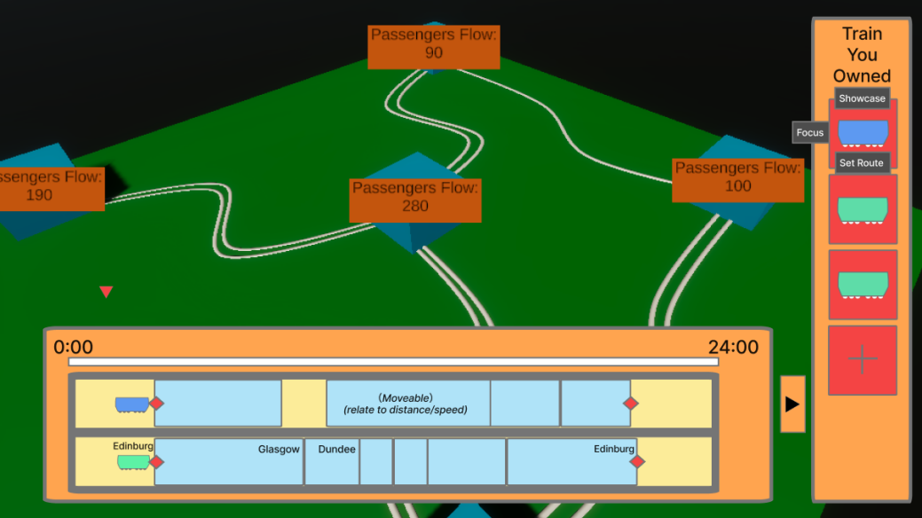 Timetable panel mockup with 0:00 to 24:00 timeline and movable schedule blocks across Edinburgh, Glasgow and Dundee