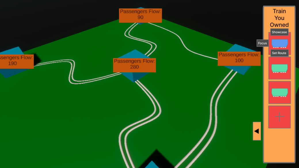 Train ownership side panel mockup with showcase, focus and set route actions